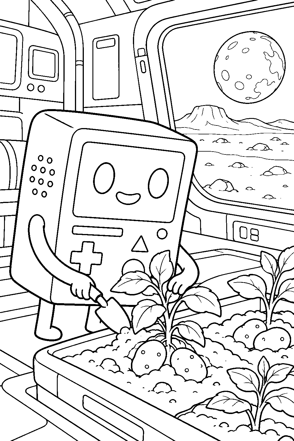adventure time bmo tending potatoes inside the spaceship on the mission to mars line art