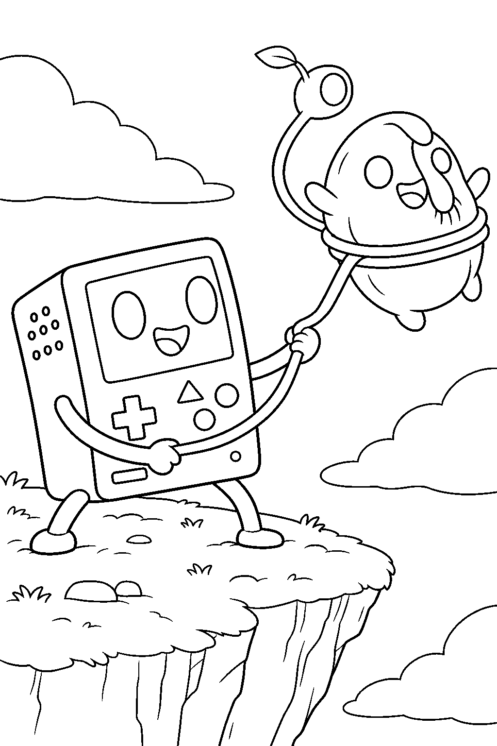adventure time bmo using olive as a lasso to rescue a baby space lard line art