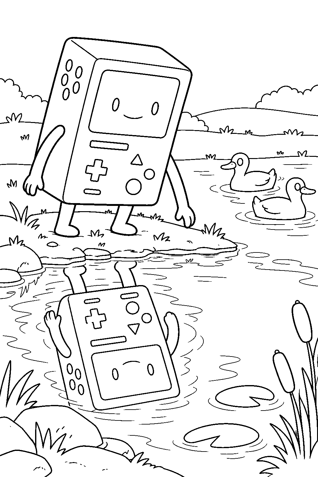adventure time bmo visiting football s reflection in a pond with ducks line art