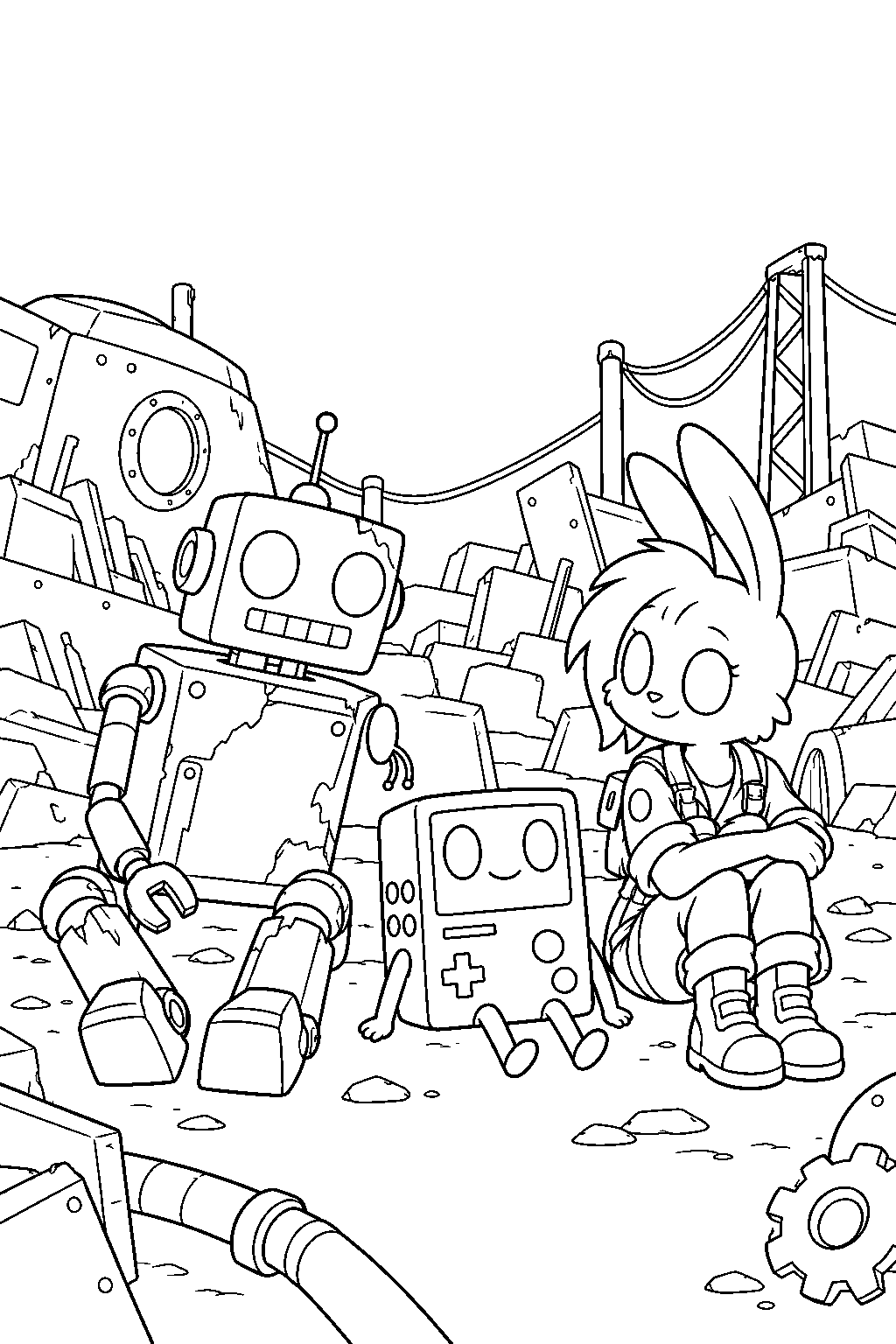 adventure time bmo waking up beside cgo and y5 in the drift s scrapyard line art