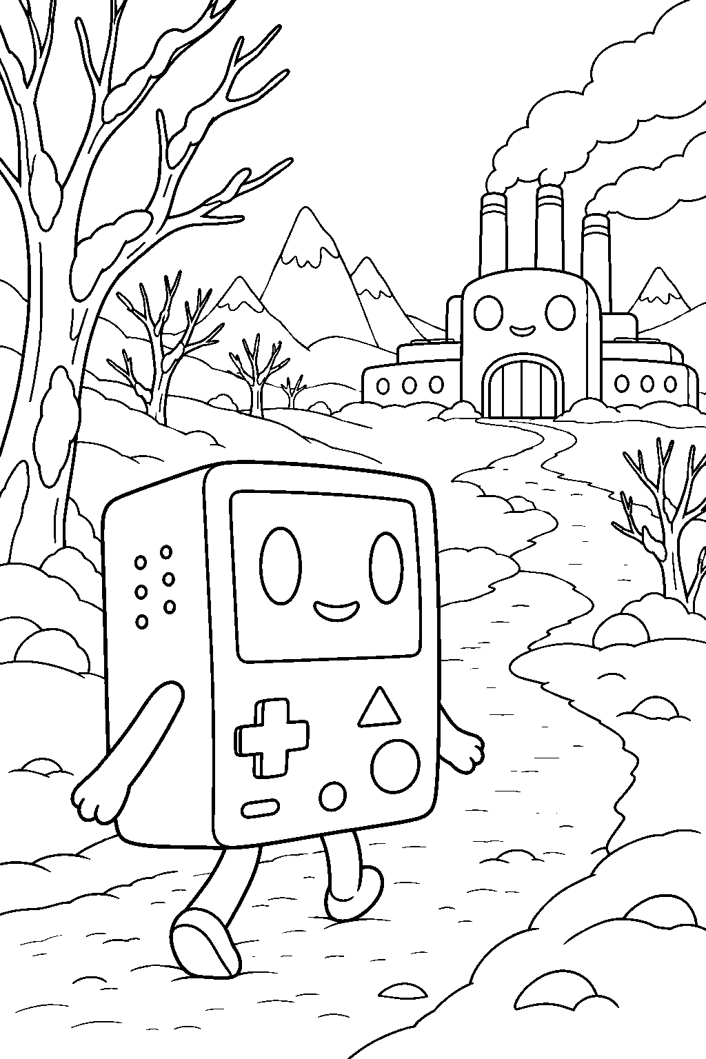 adventure time bmo walking toward the mo factory through a snowy landscape line art