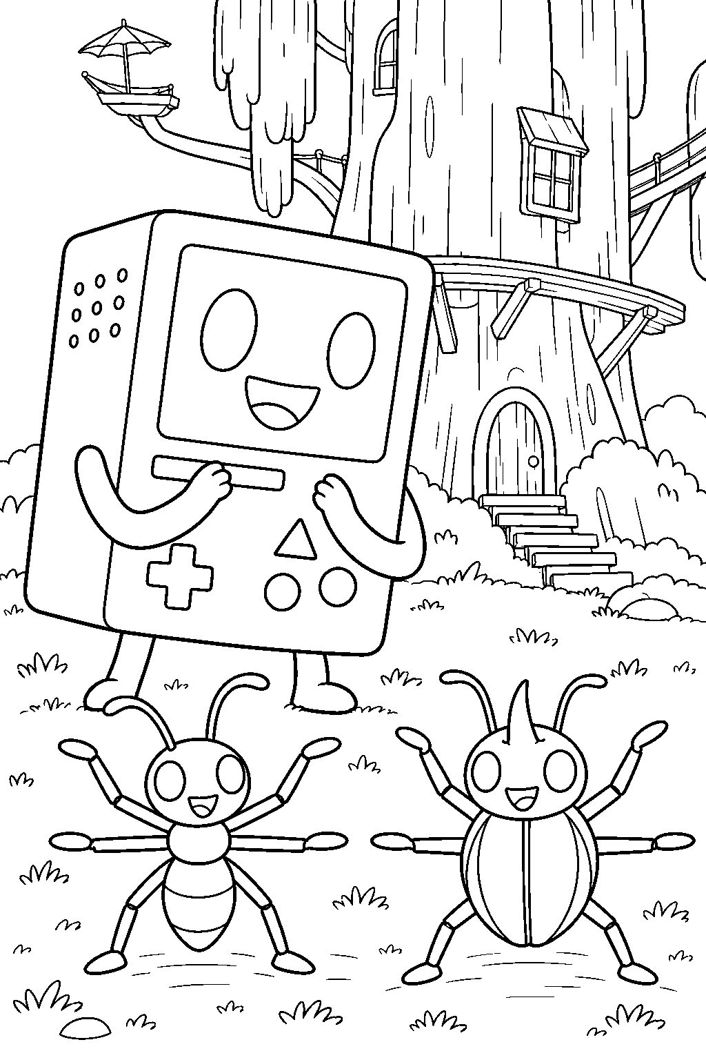 adventure time bmo watching breakdancing insects outside the tree house line art
