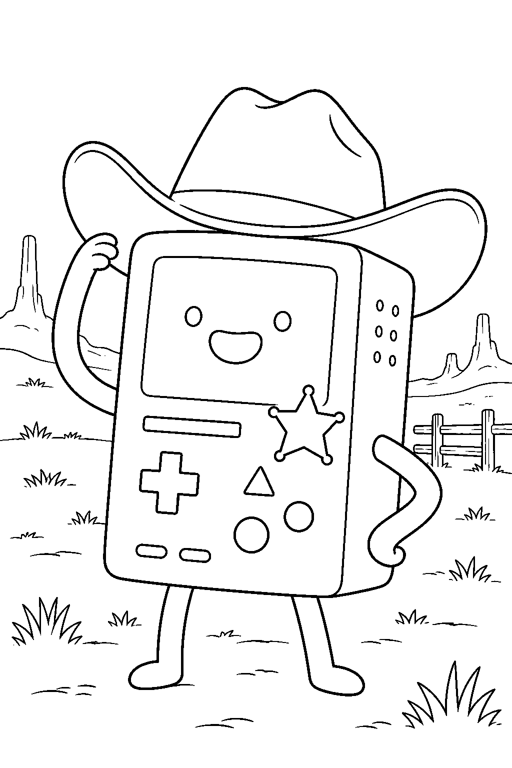 adventure time bmo wearing a cowboy hat and sheriff badge in the grasslands line art