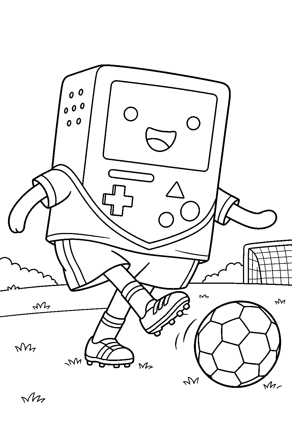 adventure time bmo wearing a soccer uniform and kicking a ball on the field line art