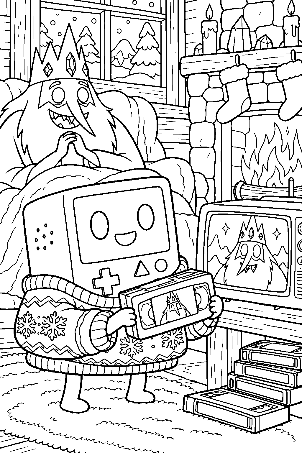 adventure time bmo wearing a winter sweater and showing ice king s videotapes by the fireplace line art