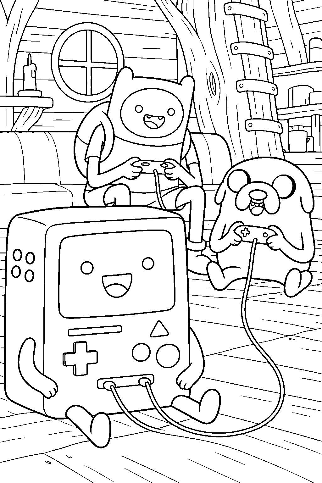 adventure time bmo with finn and jake playing video games in the tree house line art