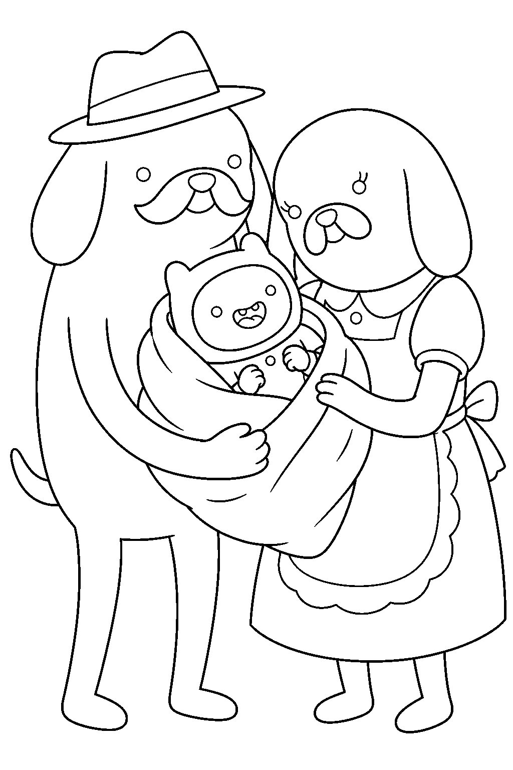 adventure time finn as a baby being cared for by joshua and margaret line art