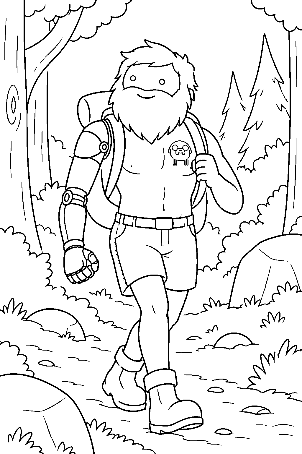 adventure time finn as an adult exploring a forest with his beard and robotic arm line art