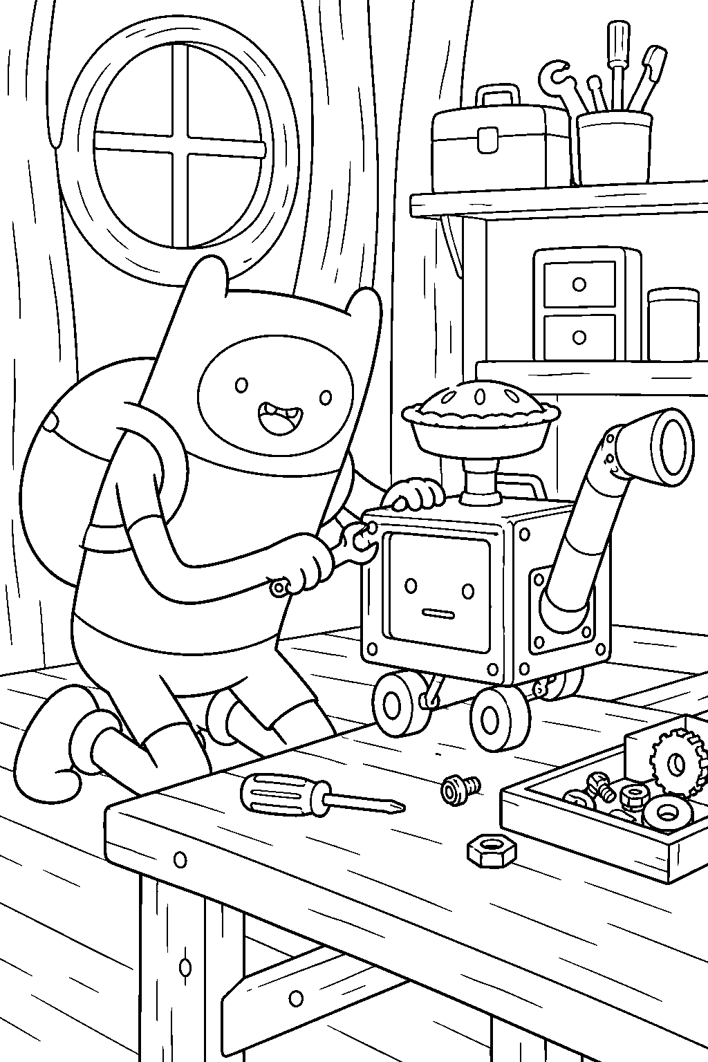 adventure time finn building neptr the pie throwing robot in his workshop line art