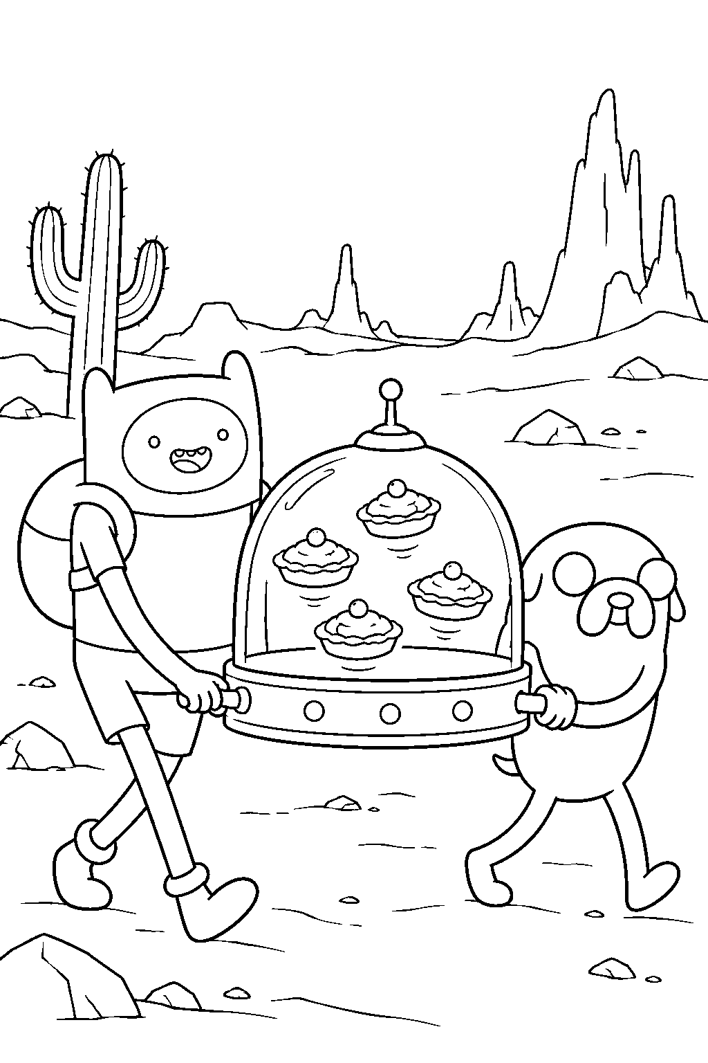 adventure time finn carrying royal tarts with jake across the desert of doom line art