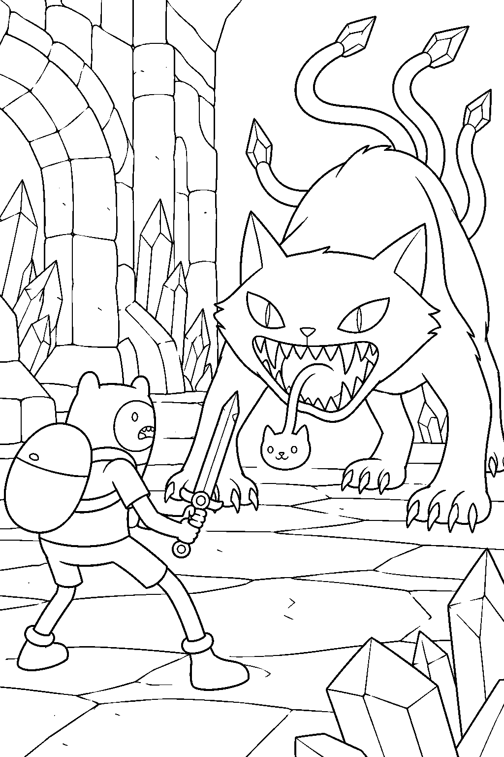 adventure time finn confronting the demon cat in the dungeon of the crystal eye line art