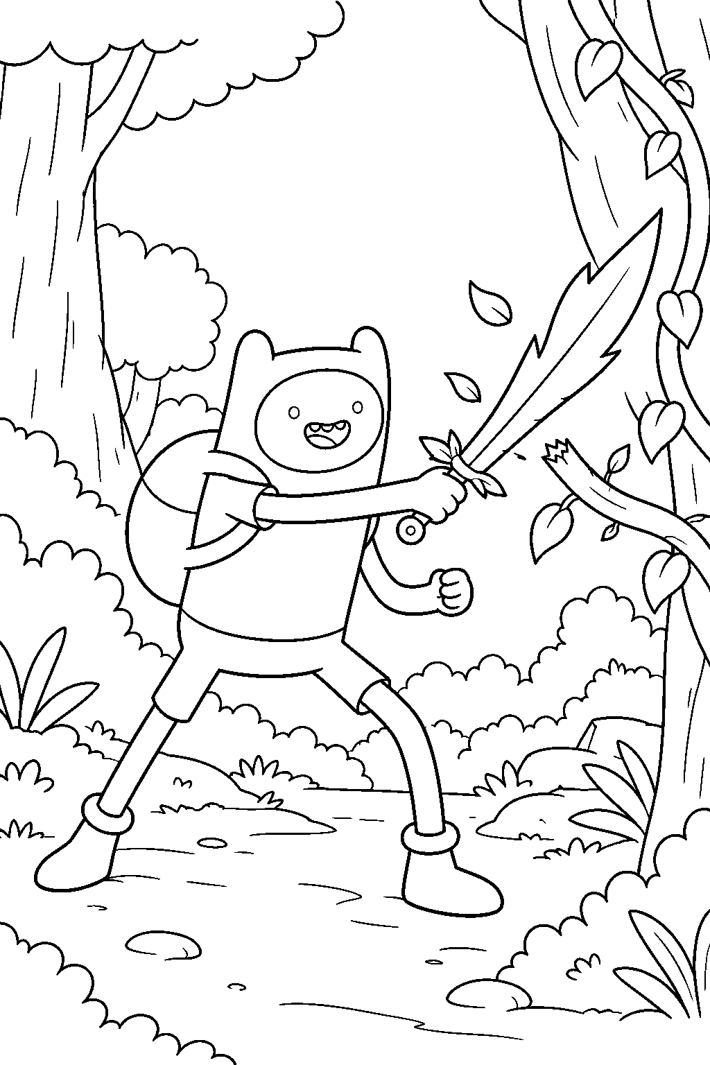 adventure time finn cutting forest vines with his grass sword line art