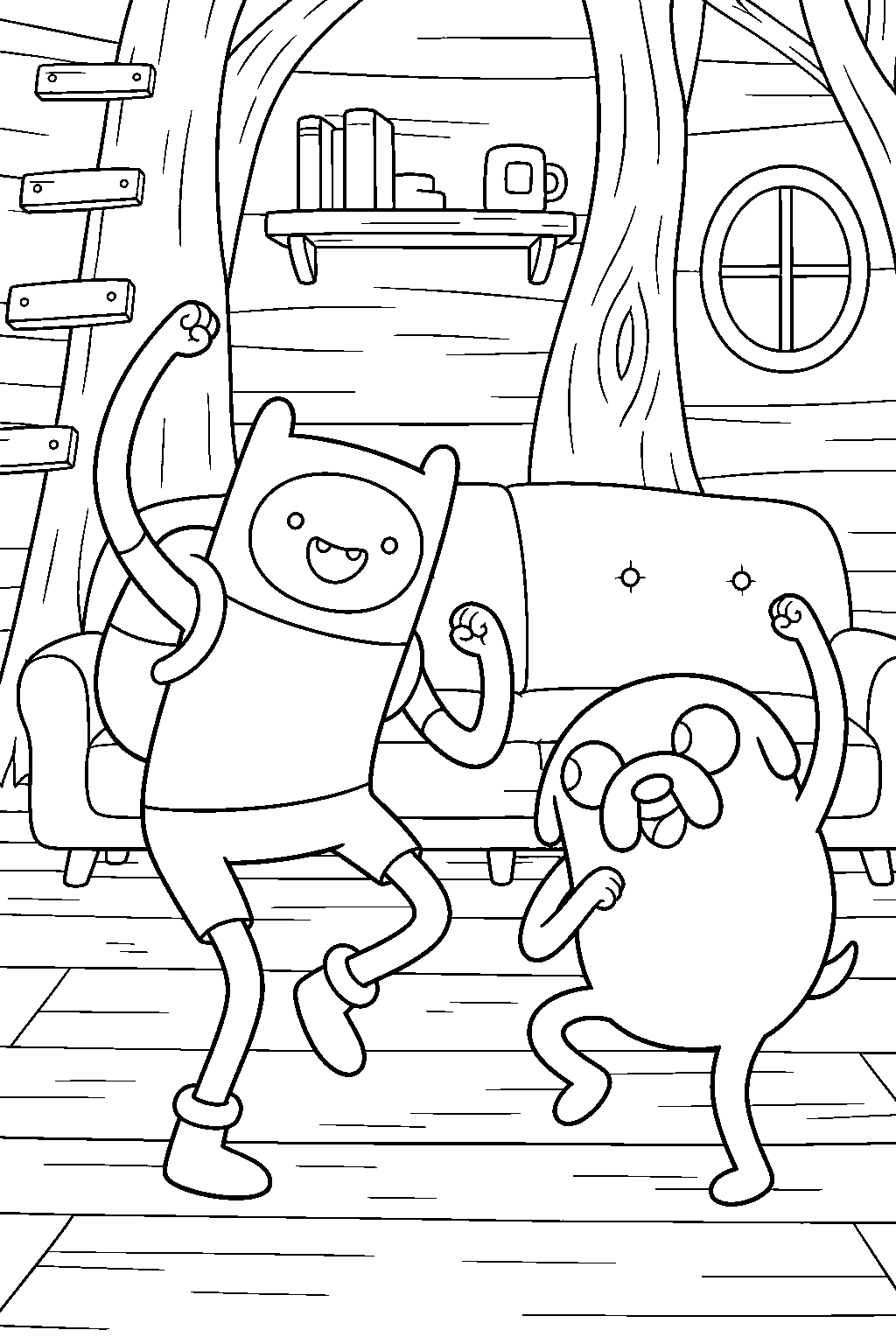 adventure time finn dancing with jake in the tree fort living room line art