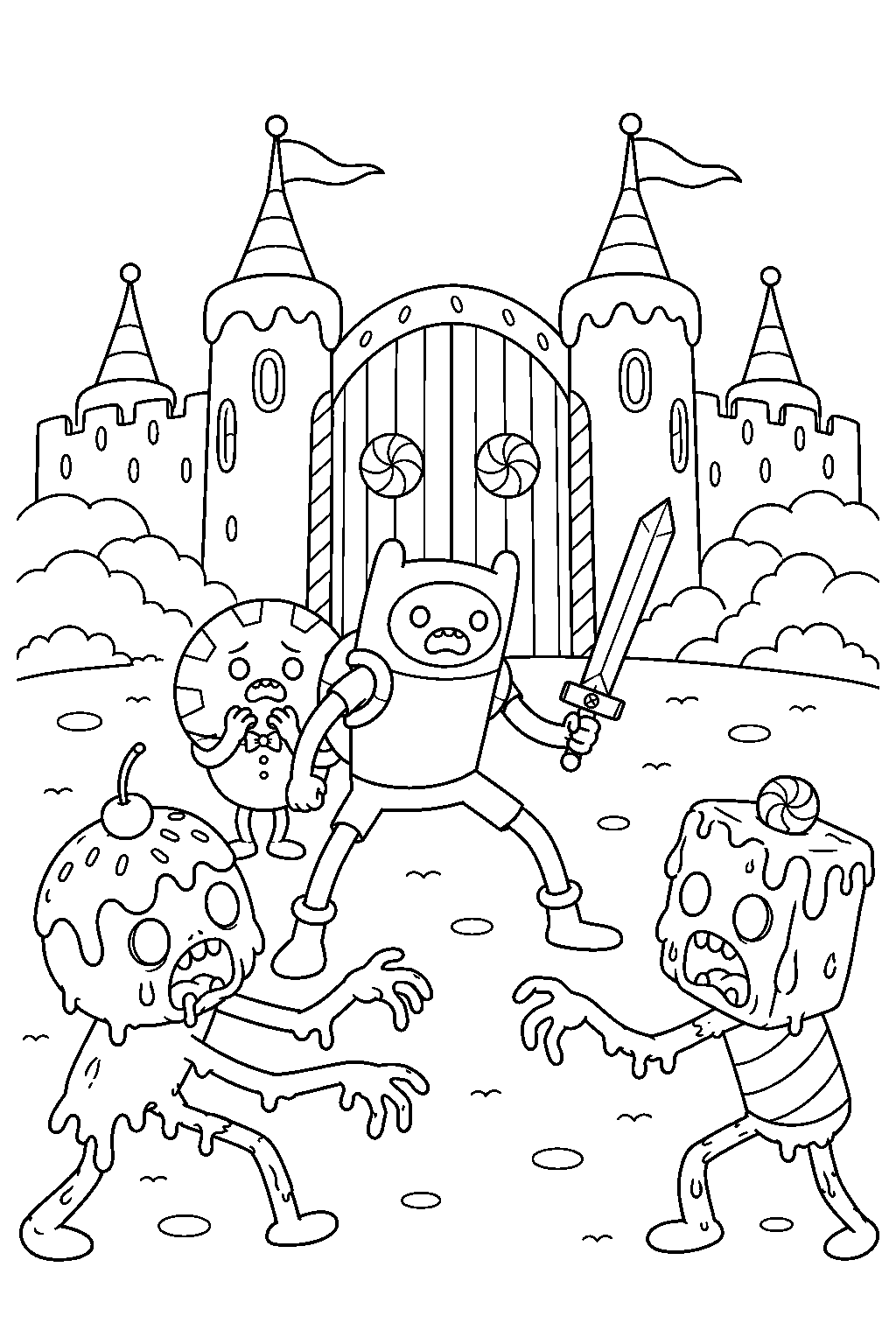 adventure time finn defending the candy kingdom from candy zombies line art