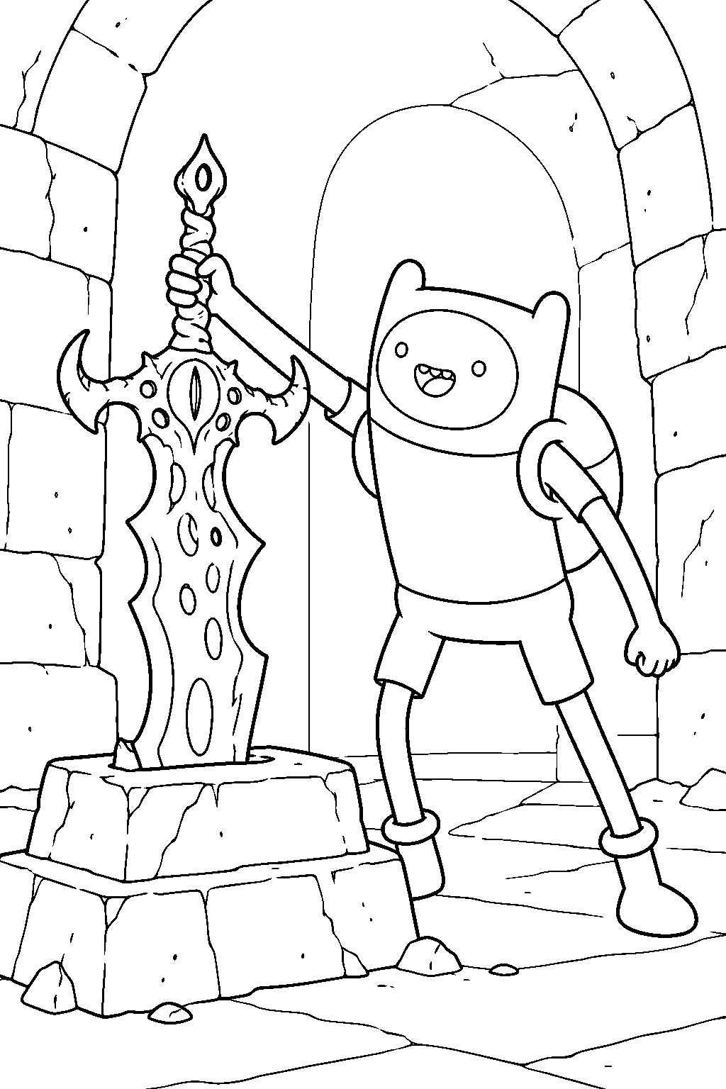 adventure time finn discovering the demon blood sword in joshua s dungeon line art