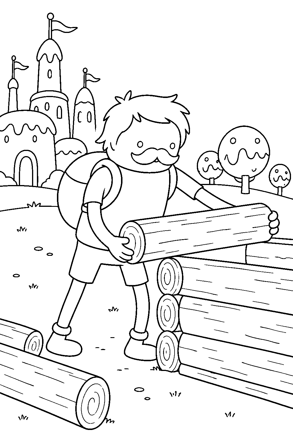 adventure time finn disguised as davey building a log cabin in the candy kingdom line art
