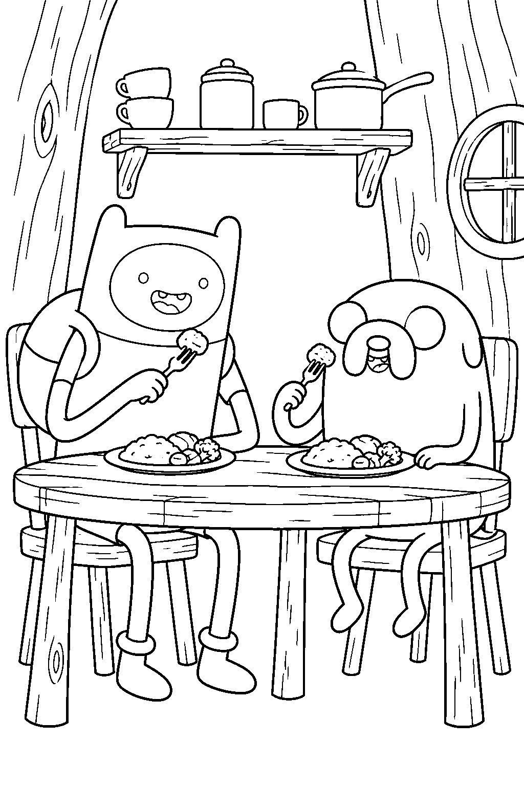 adventure time finn eating dinner with jake in the tree fort kitchen line art