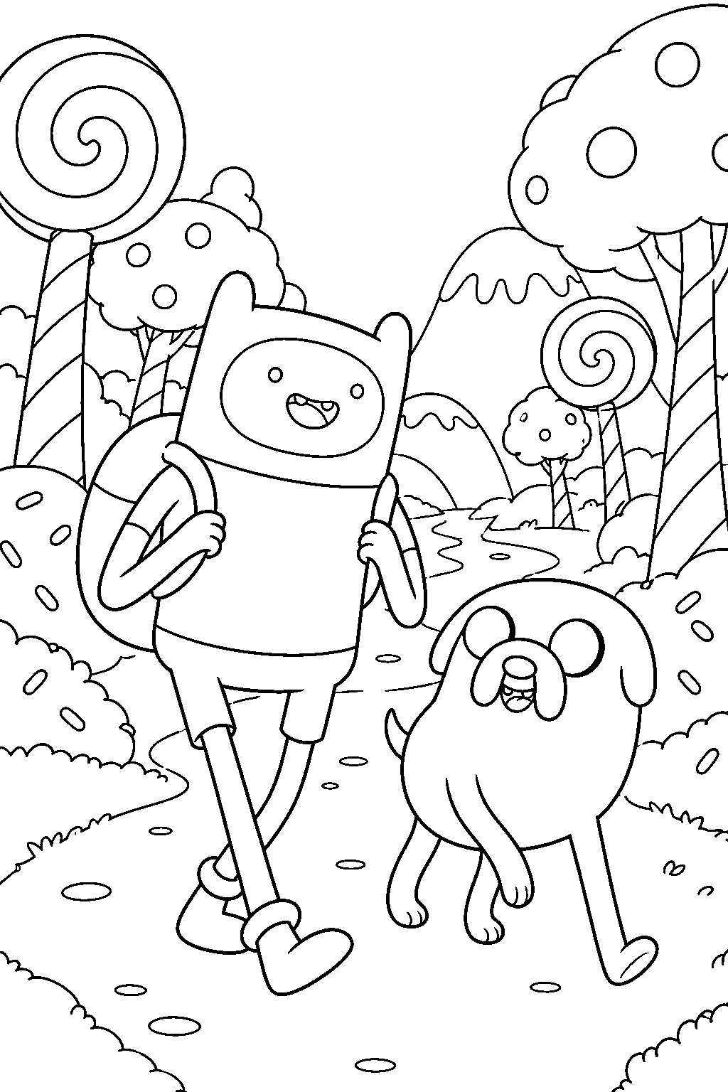 adventure time finn exploring the candy forest with jake line art