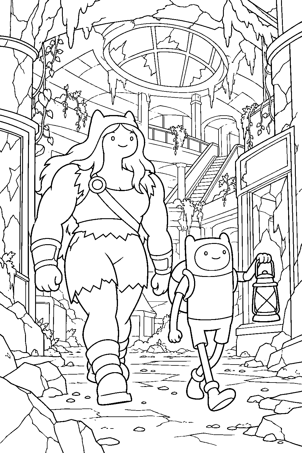 adventure time finn exploring the underground ruins of beautopia with susan strong line art