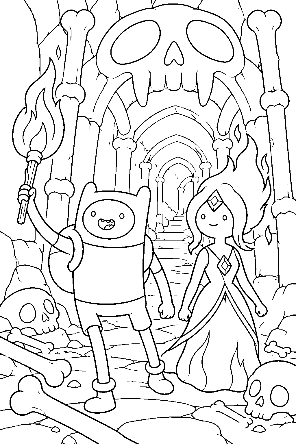 adventure time finn exploring the vault of bones dungeon with flame princess line art