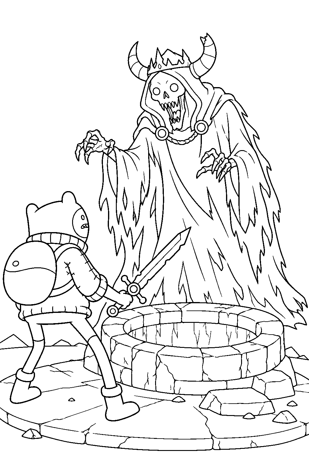 adventure time finn facing the lich beside the well of power line art