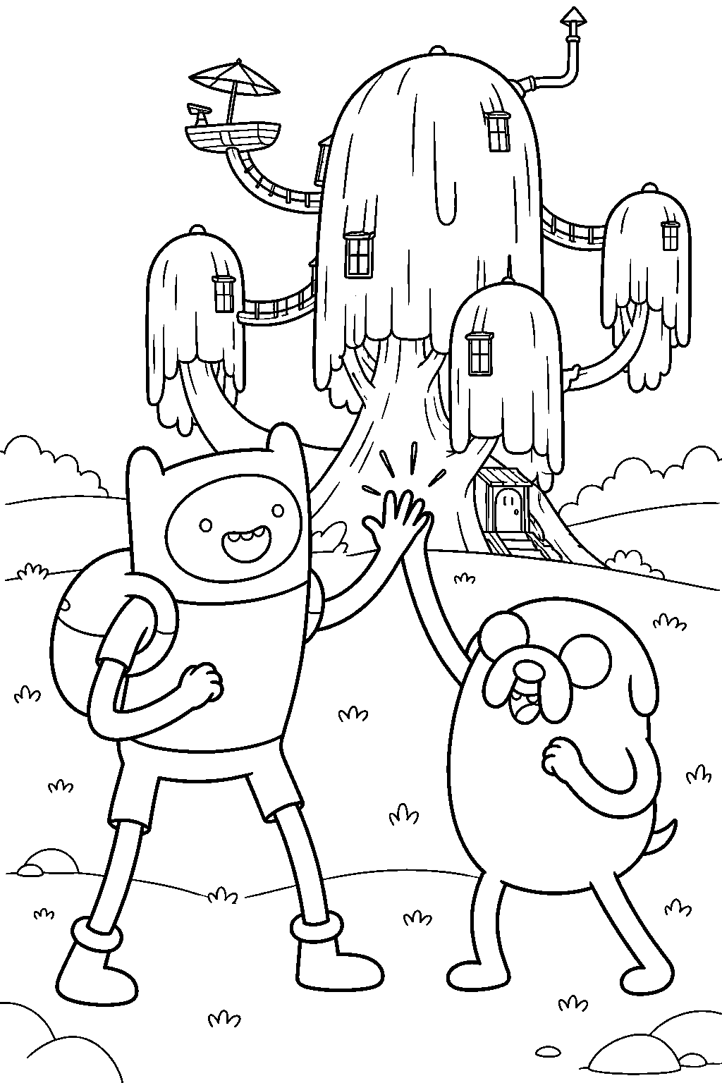 adventure time finn giving jake a high five outside the tree fort line art