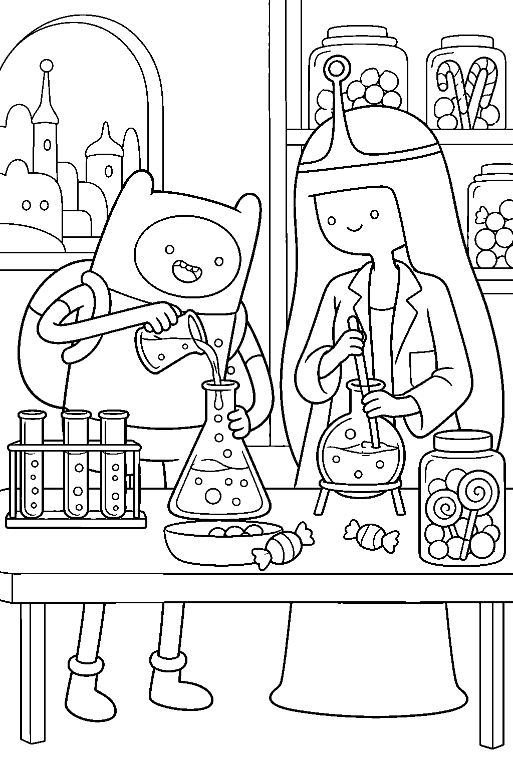 adventure time finn helping princess bubblegum mix a candy experiment in her laboratory line art