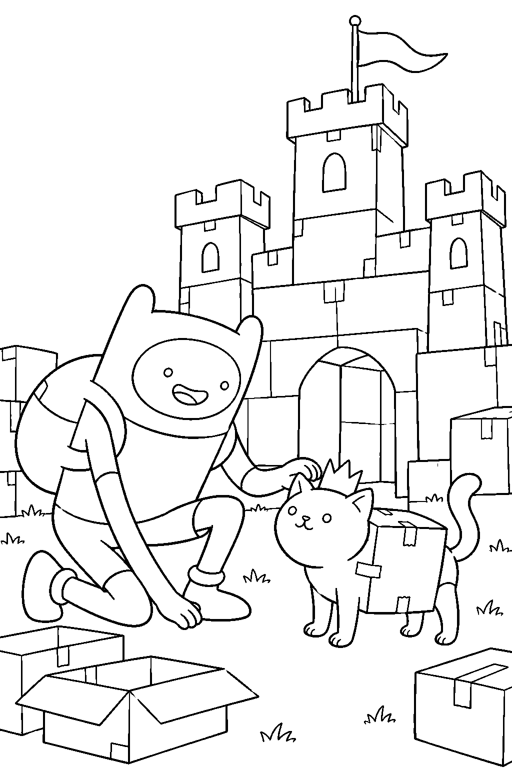 adventure time finn helping the box prince reclaim his cardboard castle line art