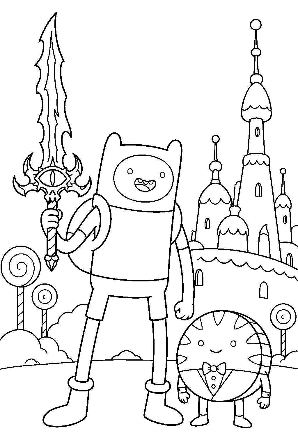 adventure time finn holding the night sword beside peppermint butler in the candy kingdom line art