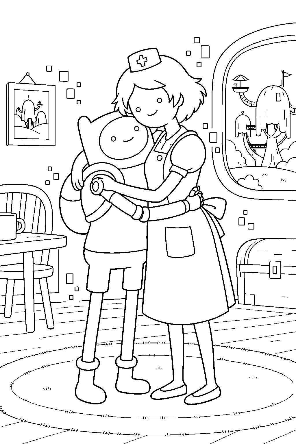 adventure time finn hugging his mother minerva in his virtual childhood home line art