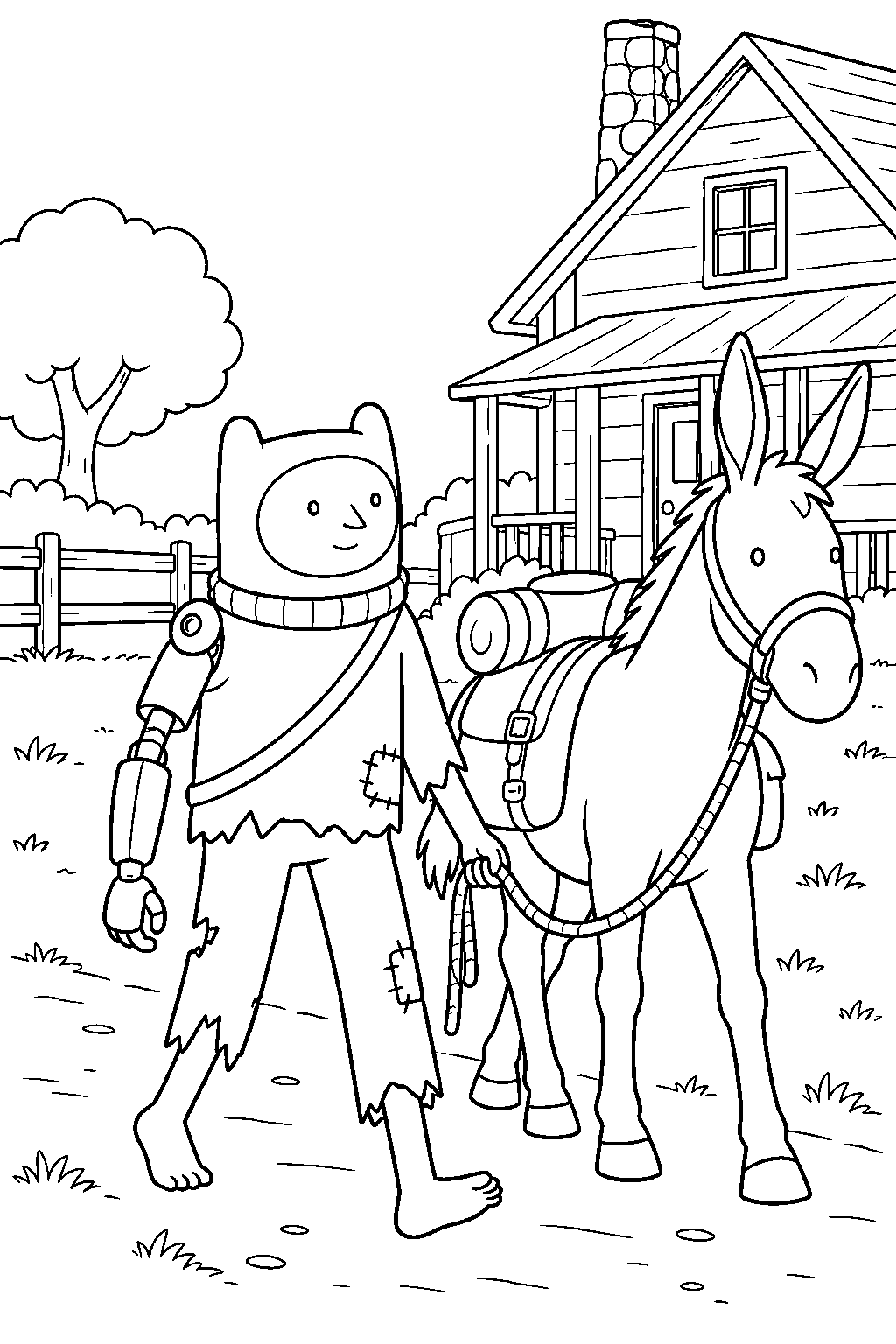 adventure time finn in farmworld leading his mule bartram past the farmhouse line art