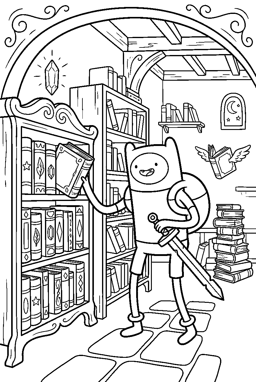 adventure time finn in magical library line art