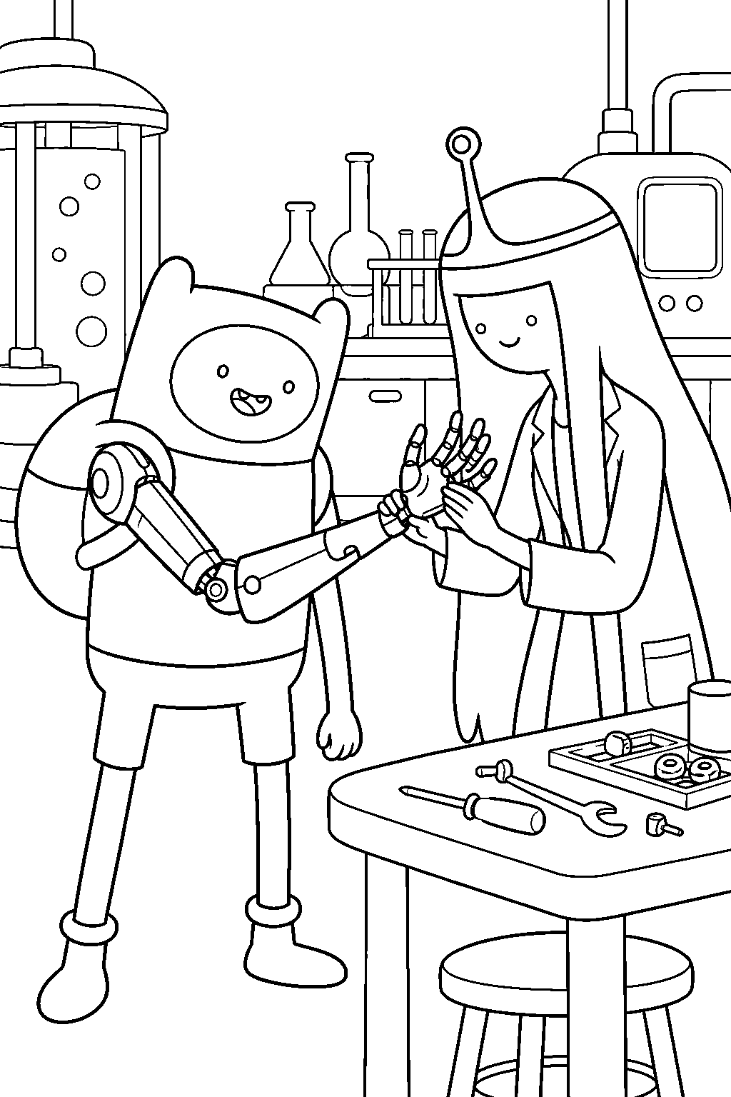 adventure time finn inspecting his new robotic arm in princess bubblegum s laboratory line art