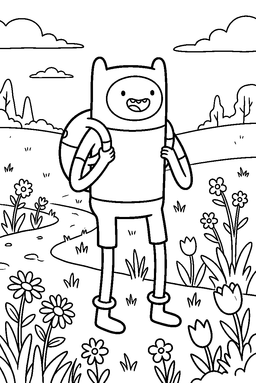 adventure time finn looking around in flower meadow line art
