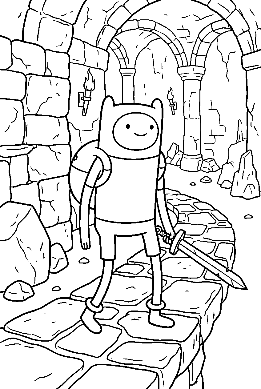 adventure time finn looking around in underground dungeon line art