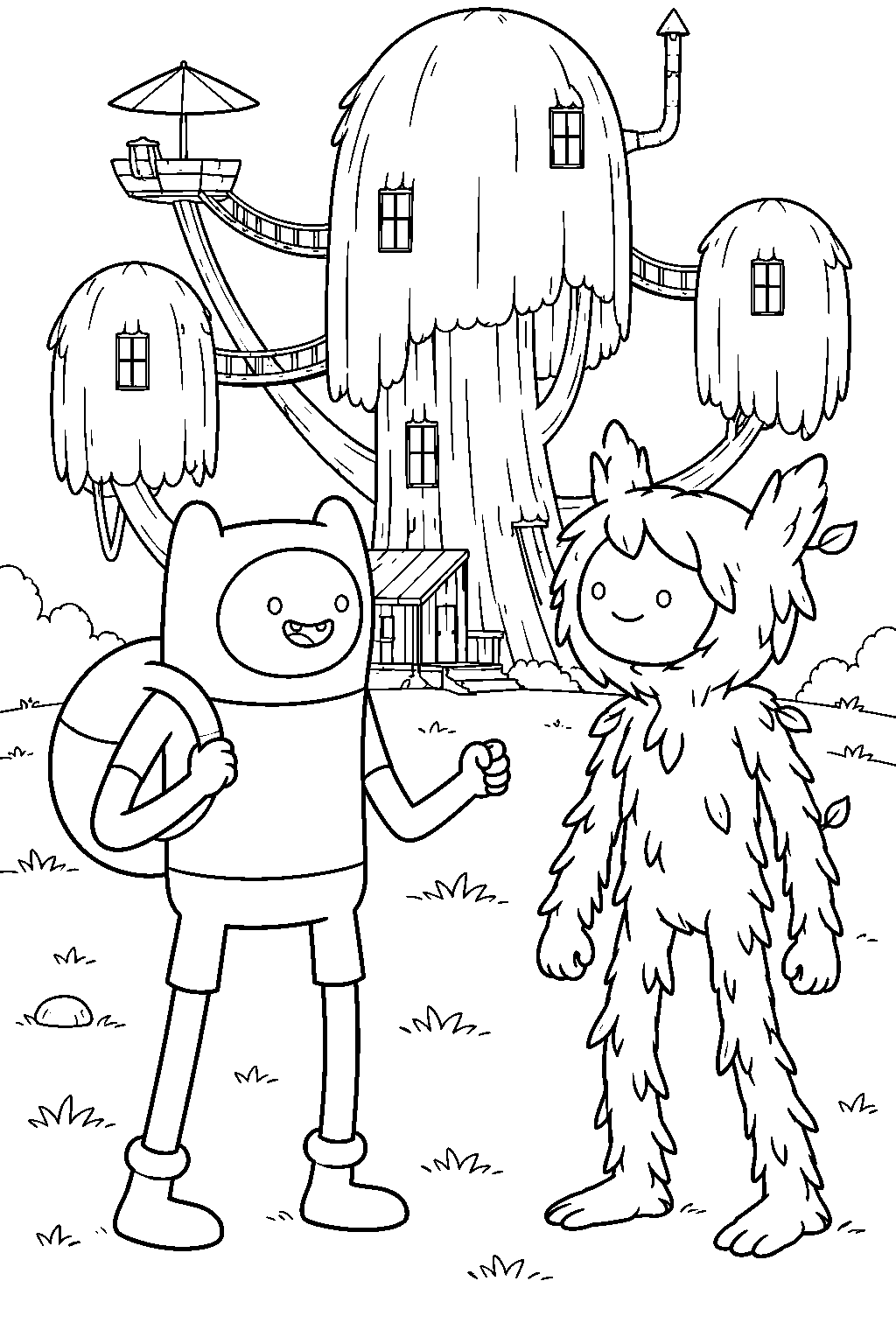 adventure time finn meeting fern outside the tree fort line art
