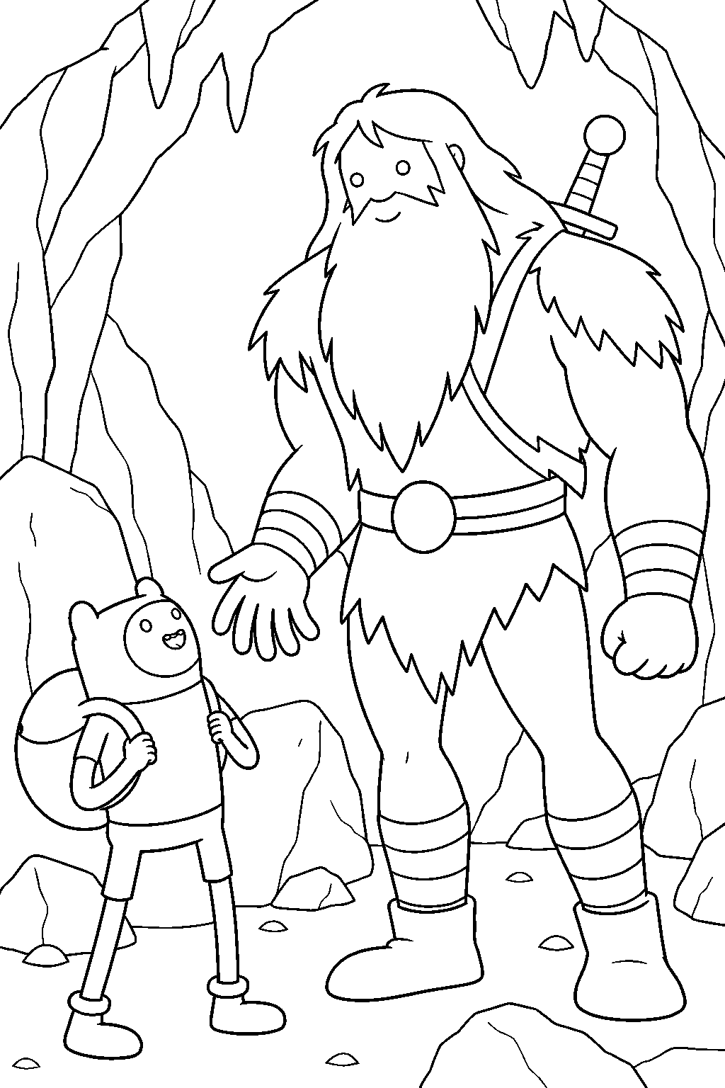adventure time finn meeting the legendary hero billy in his cave line art