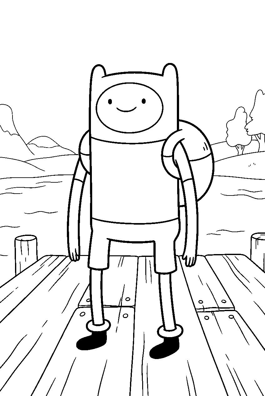 adventure time finn on wooden dock line art