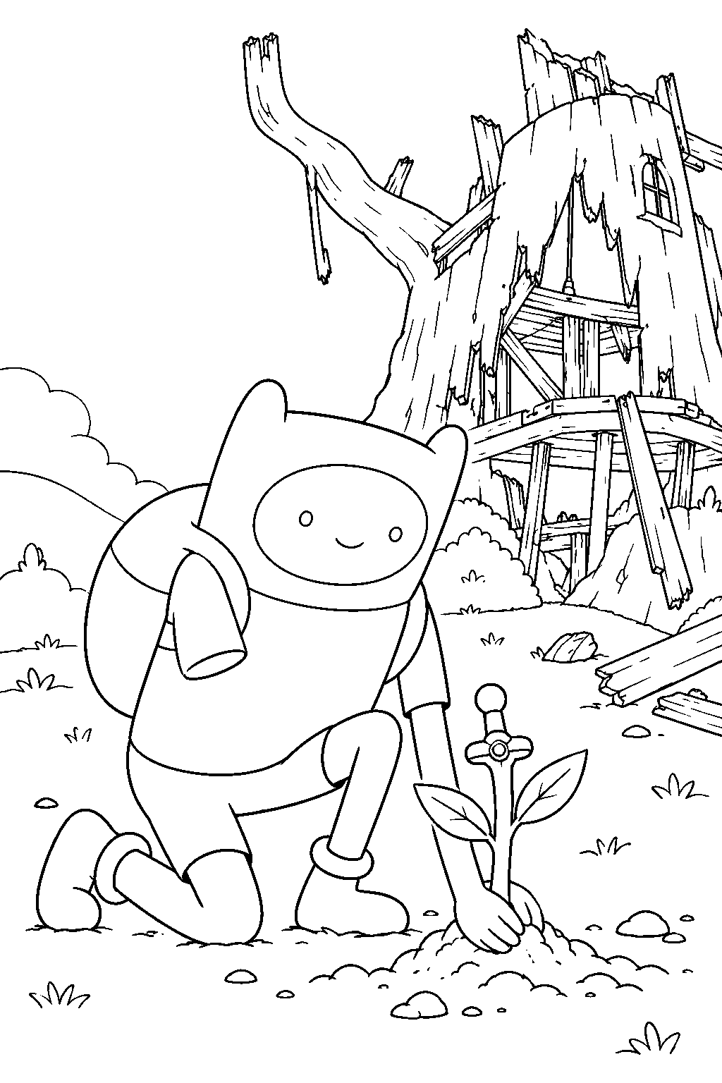 adventure time finn planting fern s sapling beside the ruined tree fort line art
