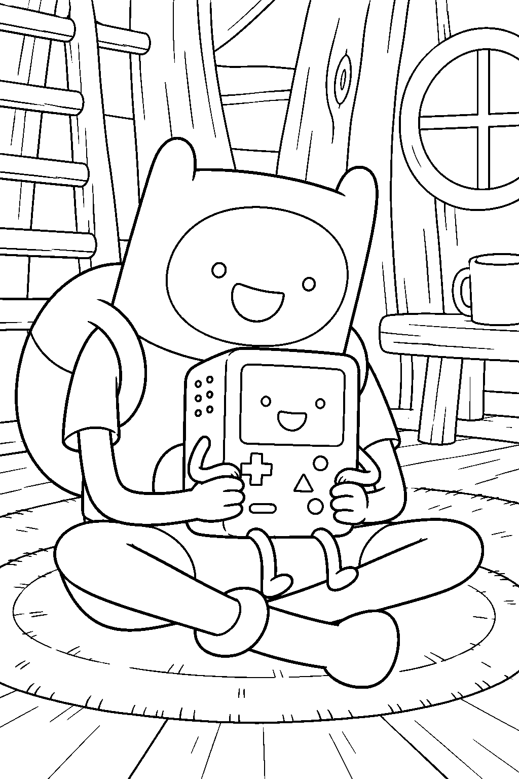 adventure time finn playing a video game on bmo in the tree fort line art