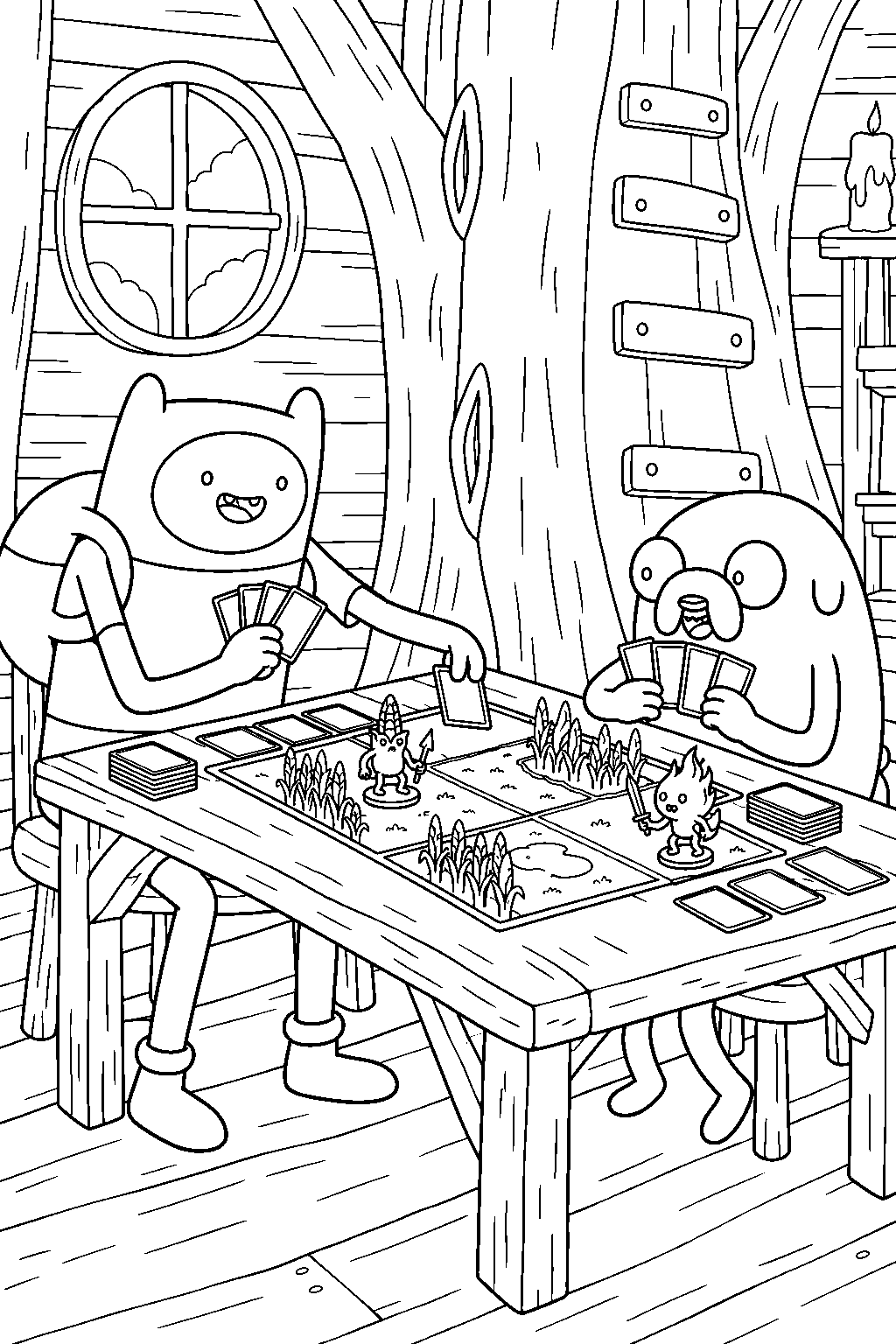 adventure time finn playing card wars with jake at the tree fort table line art