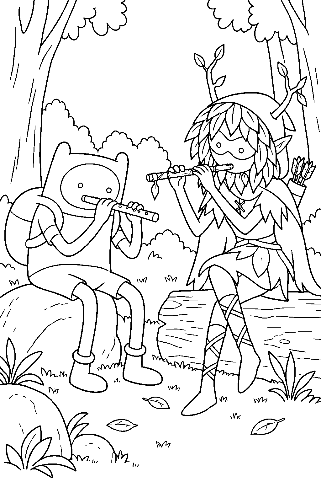 adventure time finn playing his flute with huntress wizard in the forest line art
