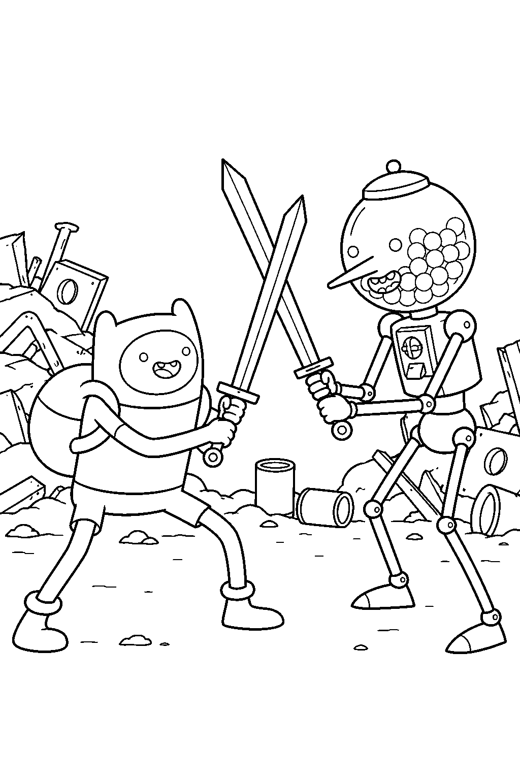 adventure time finn practicing sword fighting with rattleballs in the junkyard line art
