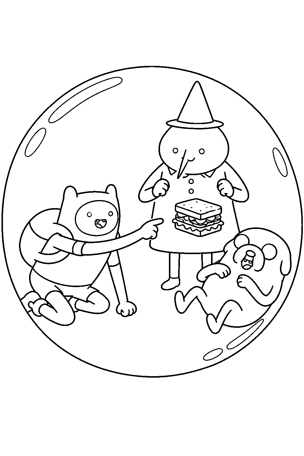 adventure time finn reaching for jake s sandwich inside magic man s time bubble line art