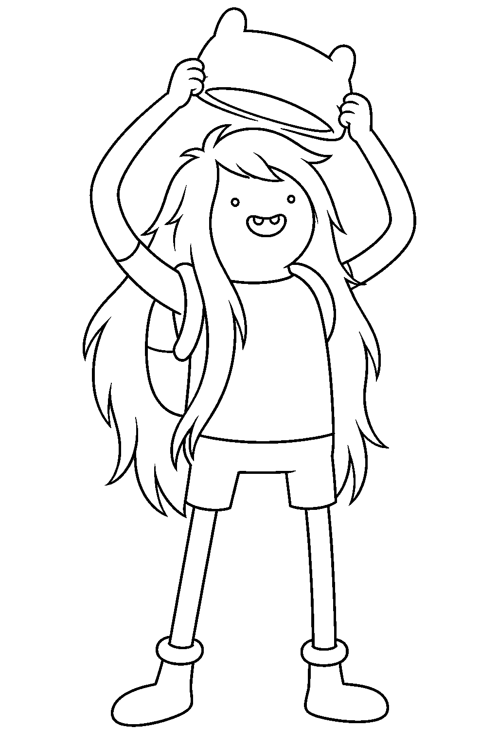 adventure time finn removing his bear eared hat to reveal his long hair line art
