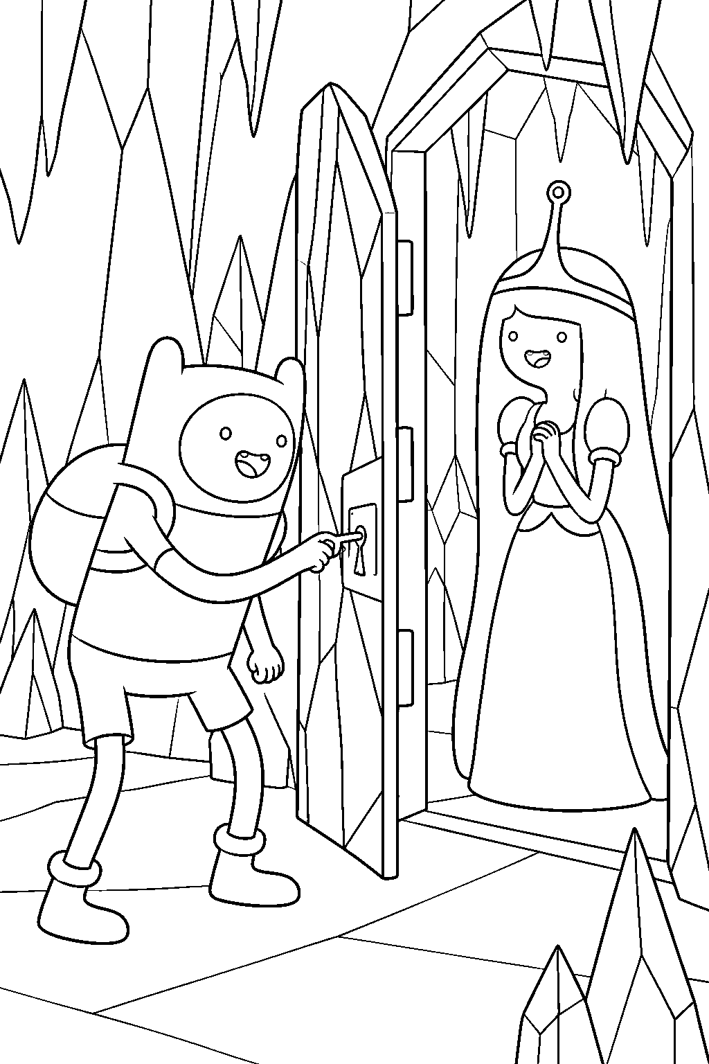 adventure time finn rescuing princess bubblegum from ice king s frozen prison line art