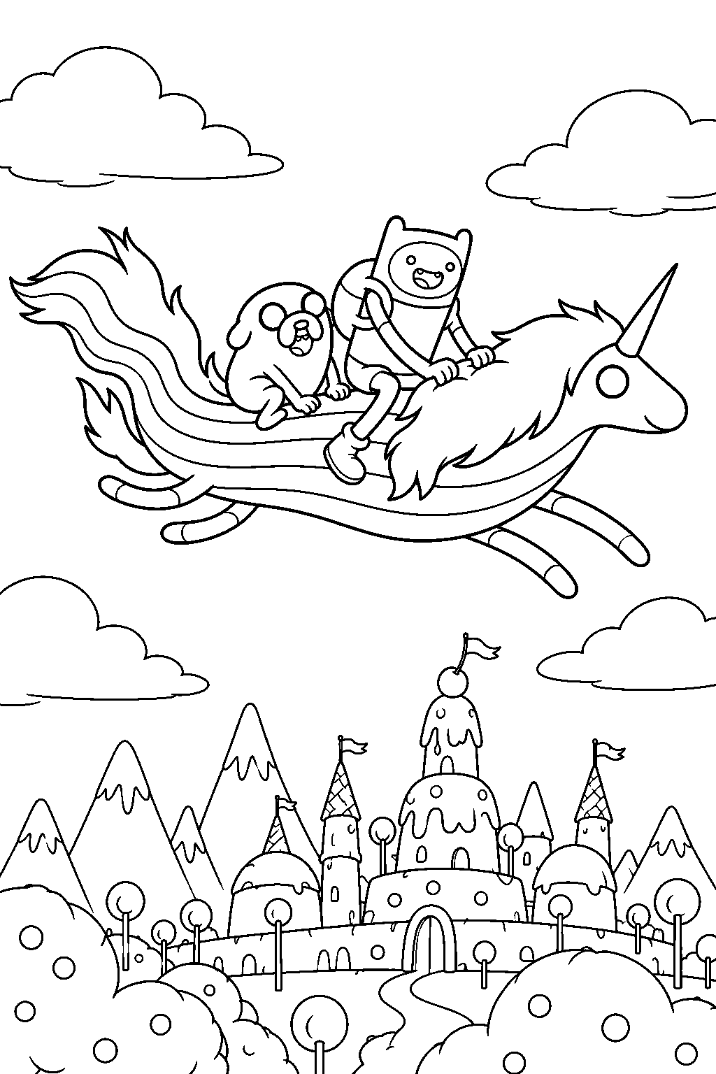 adventure time finn riding lady rainicorn with jake above the candy kingdom line art
