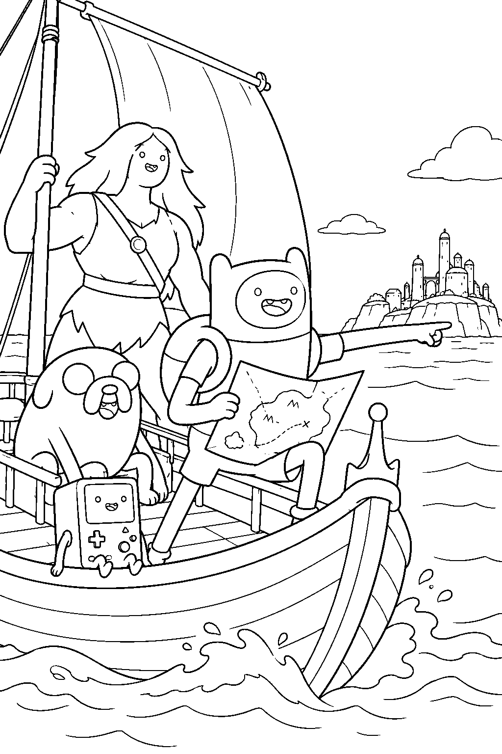 adventure time finn sailing toward the human islands with jake susan strong and bmo line art