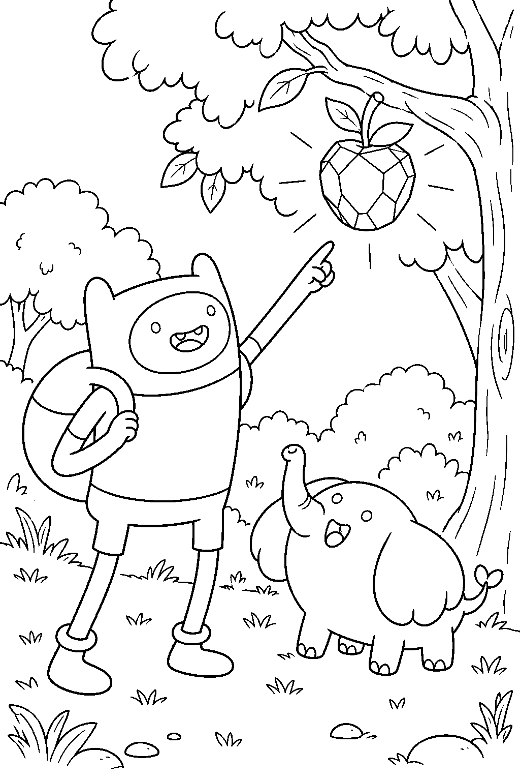adventure time finn searching for the crystal gem apple with tree trunks line art