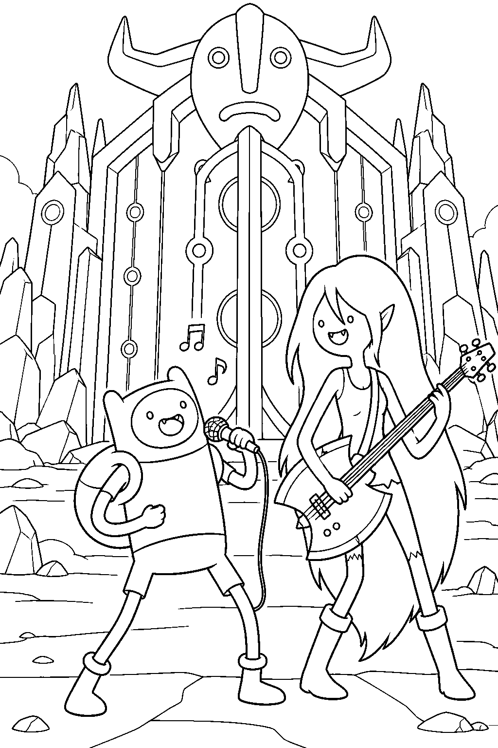 adventure time finn singing beside marceline and her bass guitar at the door lord s gate line art